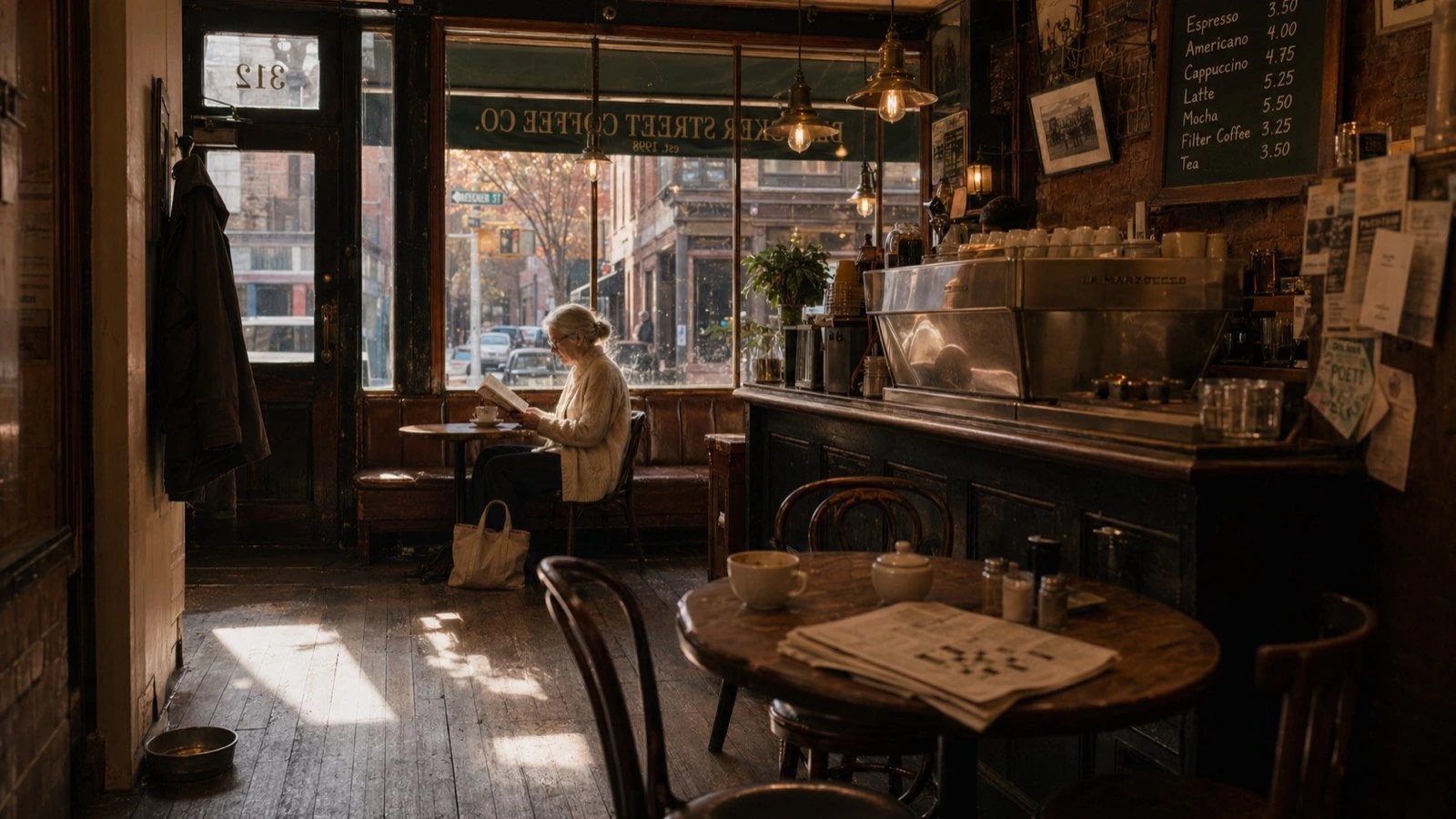 Bleecker Street Coffee Co. interior — older woman reading at a window seat with morning sunlight on hardwood floors, La Marzocco espresso machine and chalkboard menu in the background